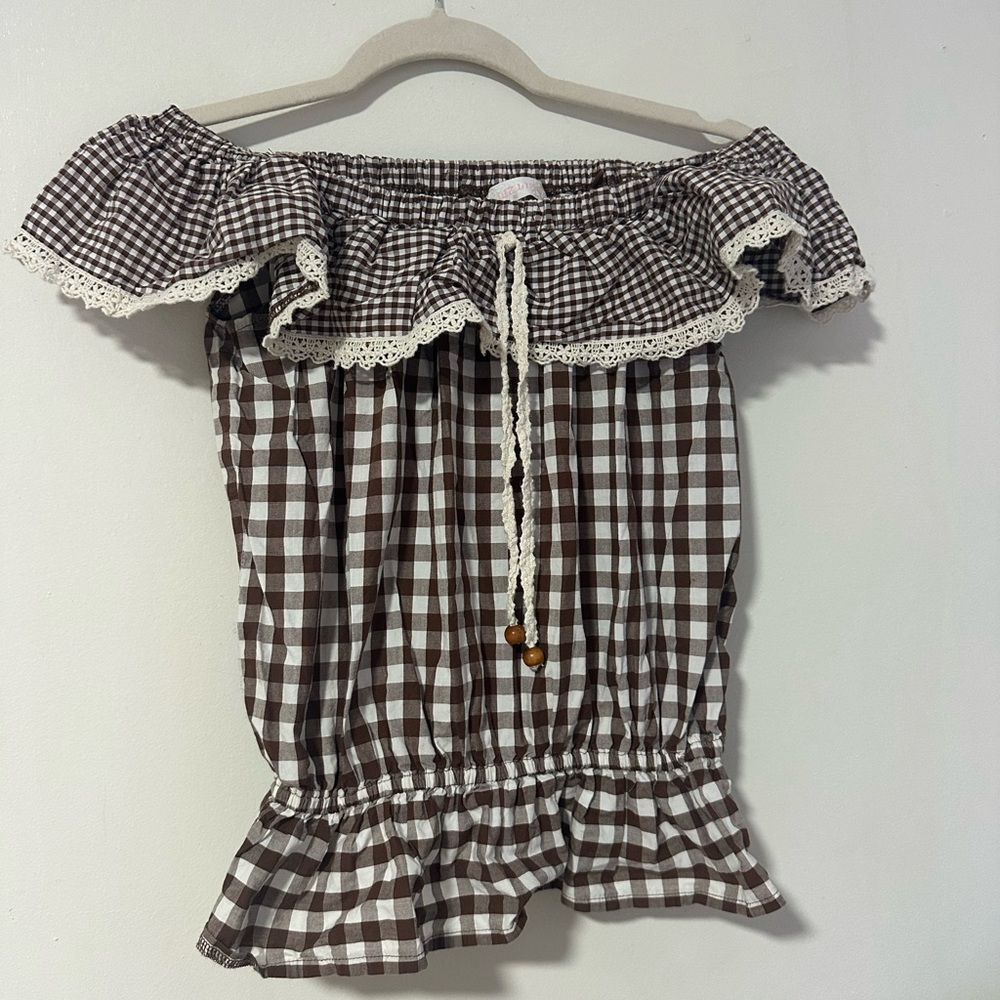 Brown Gingham Off-Shoulder Top